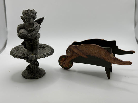 Bird Bath and Wooden Wheel barrel