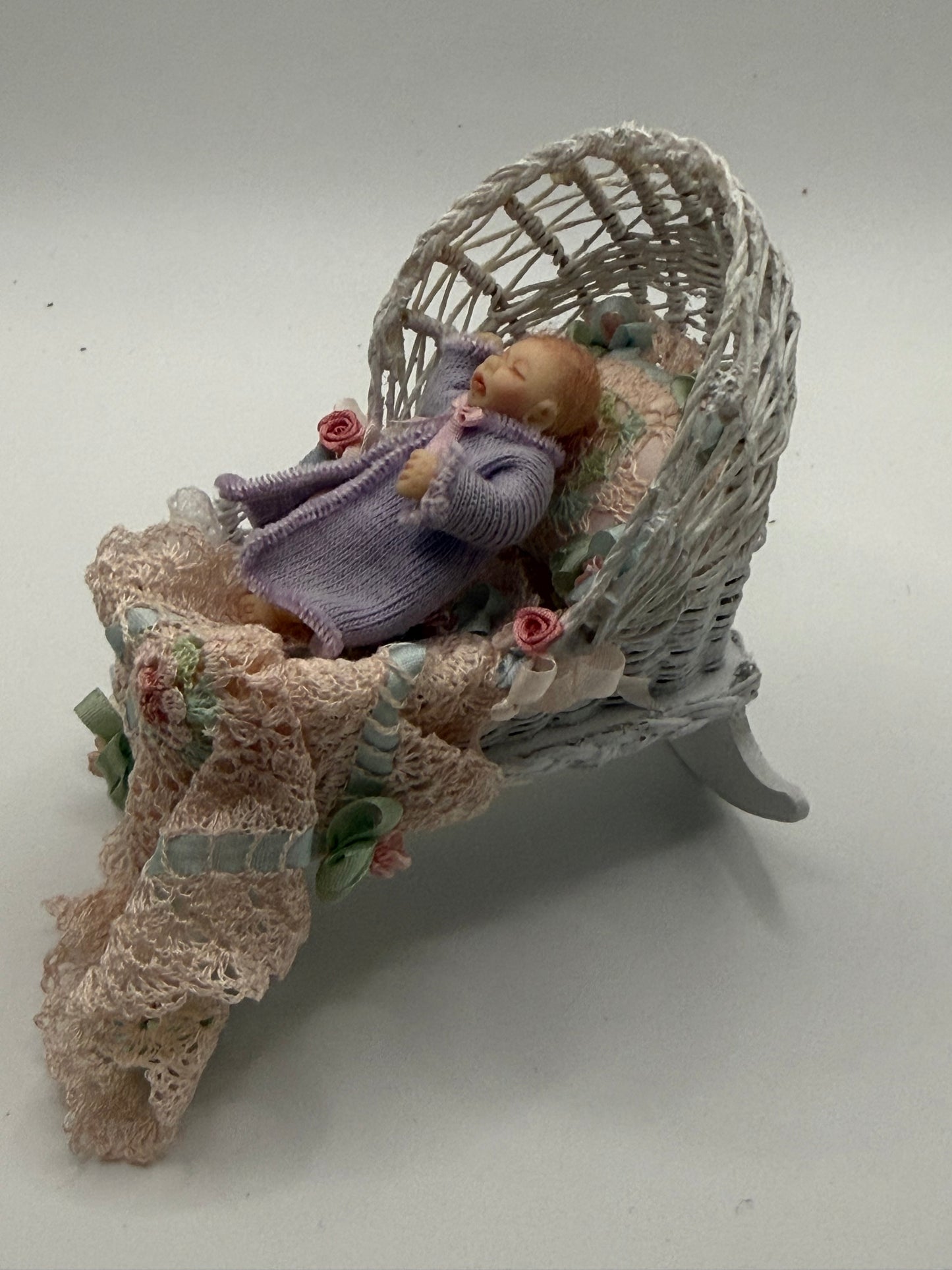 Bassinet with Baby & handmade blanket and pillow