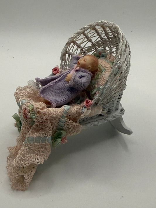 Bassinet with Baby & handmade blanket and pillow